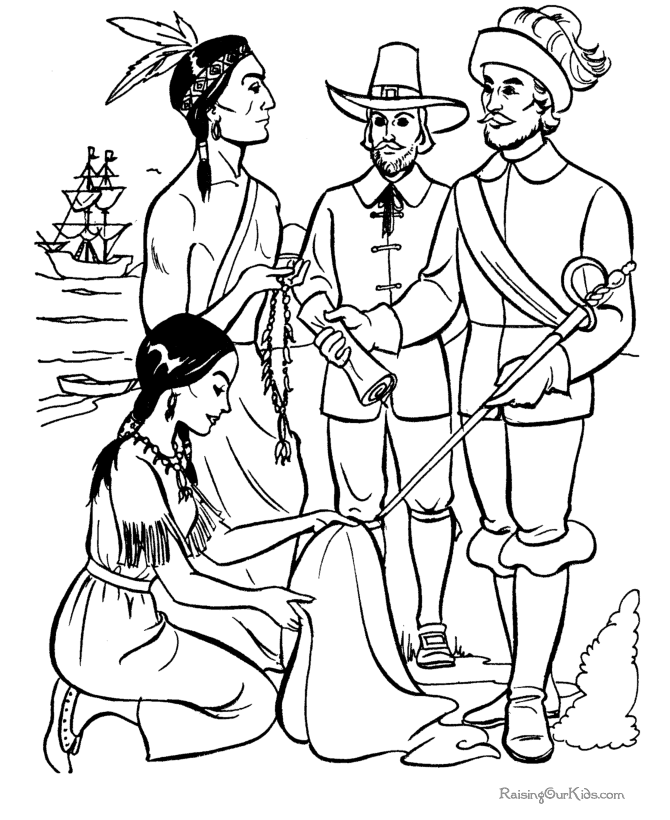 Pilgrims, Indians of Thanksgiving coloring sheets