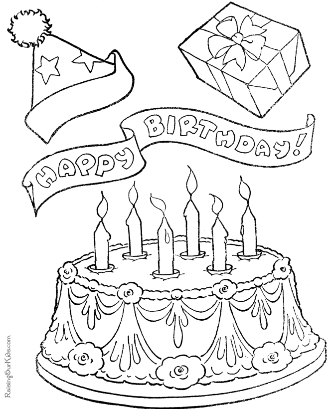 Birthday cake coloring book page