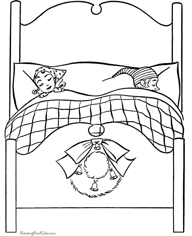 Asleep in their bed - Christmas coloring page