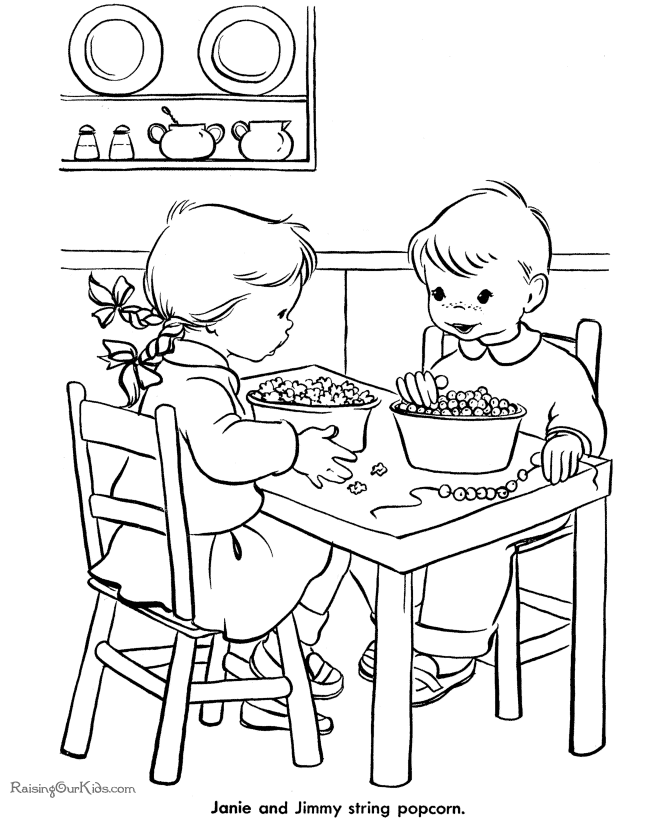 Kids printable Christmas coloring pages - Stringing popcorn
