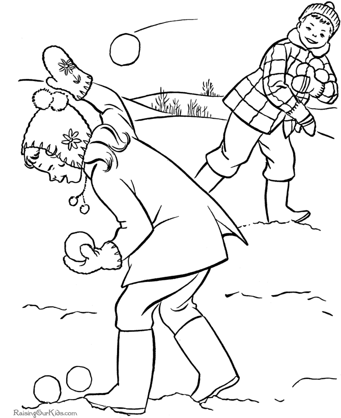 Free kids printable Christmas coloring pages - Snowball fight!
