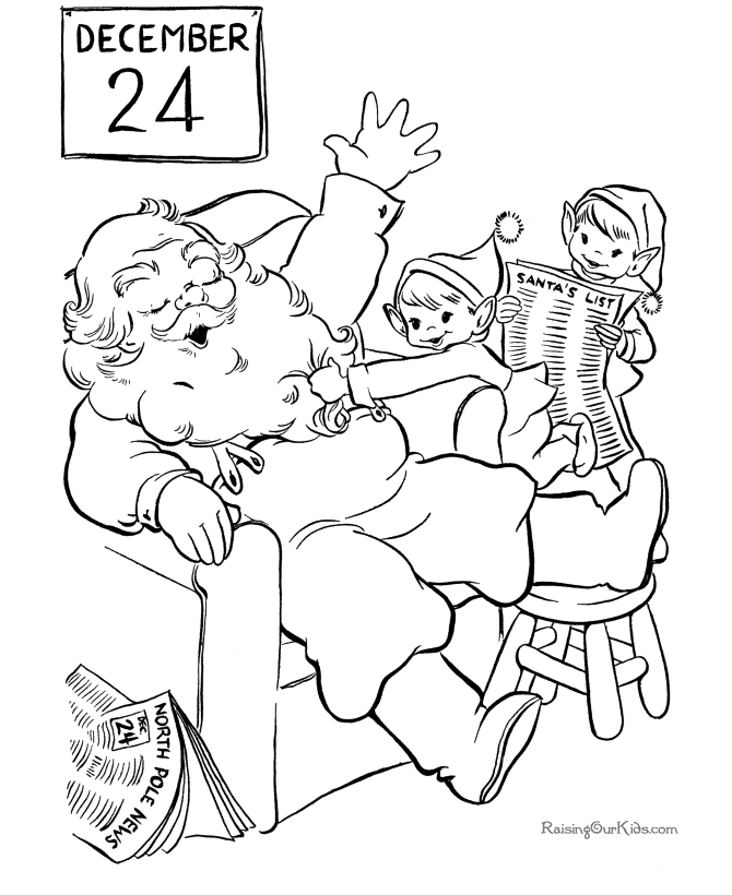 Santa and his elves Christmas coloring page!