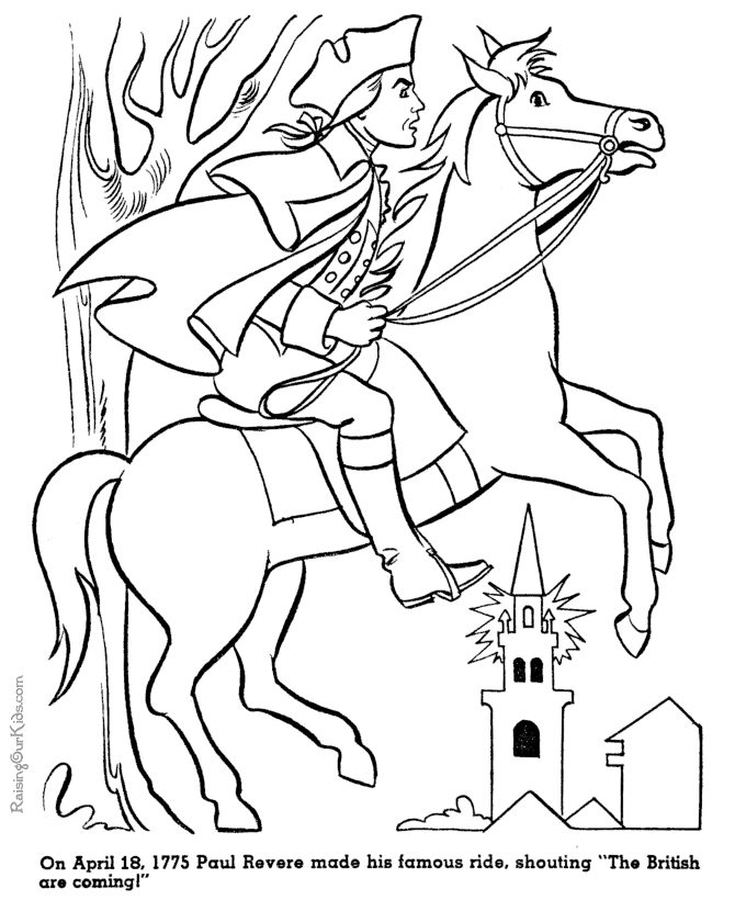Paul Revere history coloring page for kid