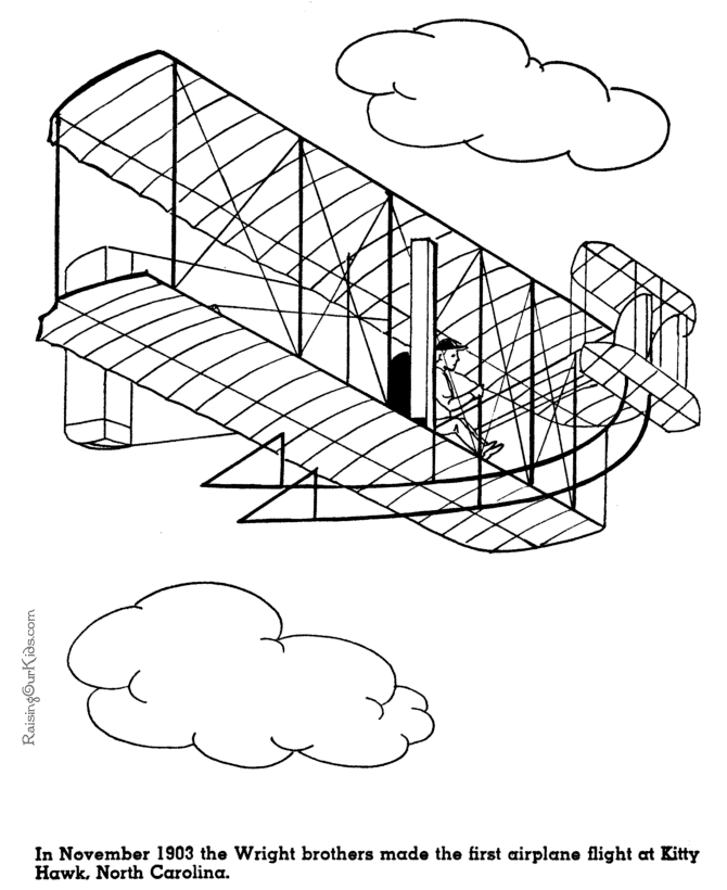 First Flight at Kitty Hawk - Wright Brothers history for kid coloring page