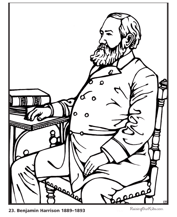 Free printable President Benjamin Harrison biography and coloring picture