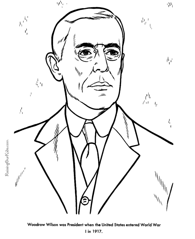 Free printable President Woodrow Wilson facts and coloring picture