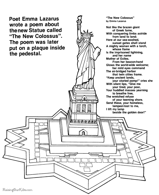 Printable Statue of Liberty Poem, Quote and coloring page