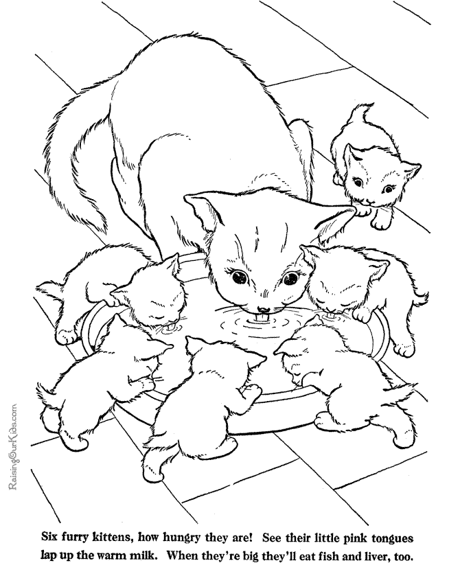 Six kittens and mother Cat coloring page