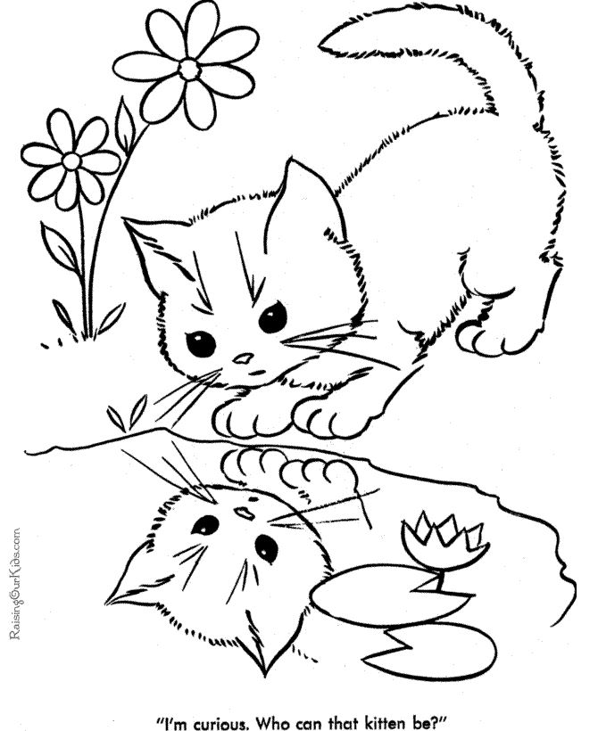 Cat coloring page of kitten and flower