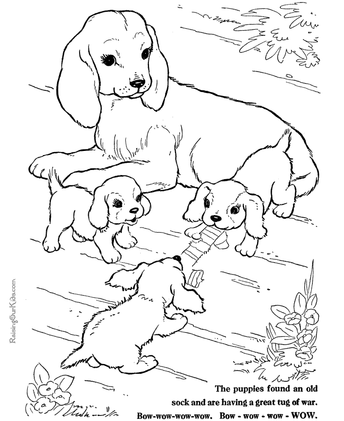 Dog coloring page of puppies and mother