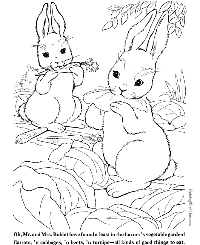 farm coloring page of rabbits eating food