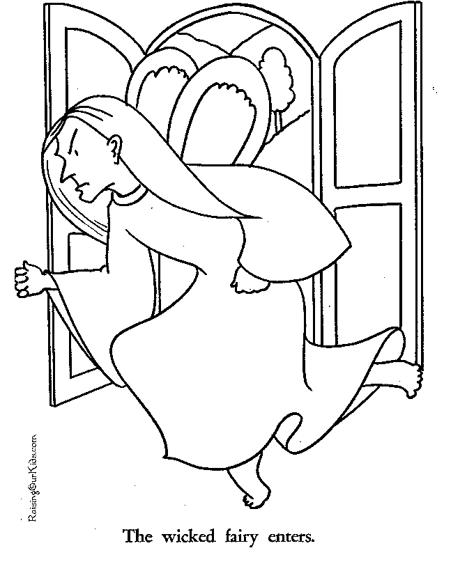 Wicked fairy and Sleeping Beauty coloring page