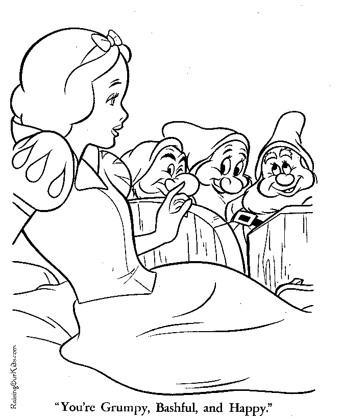Grumpy, Bashful and Happy with Snow White coloring page