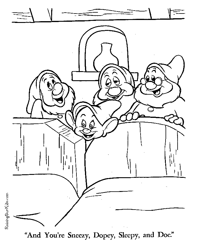 Sneezy, Dopey, Sleepy and Doc with Snow White coloring page