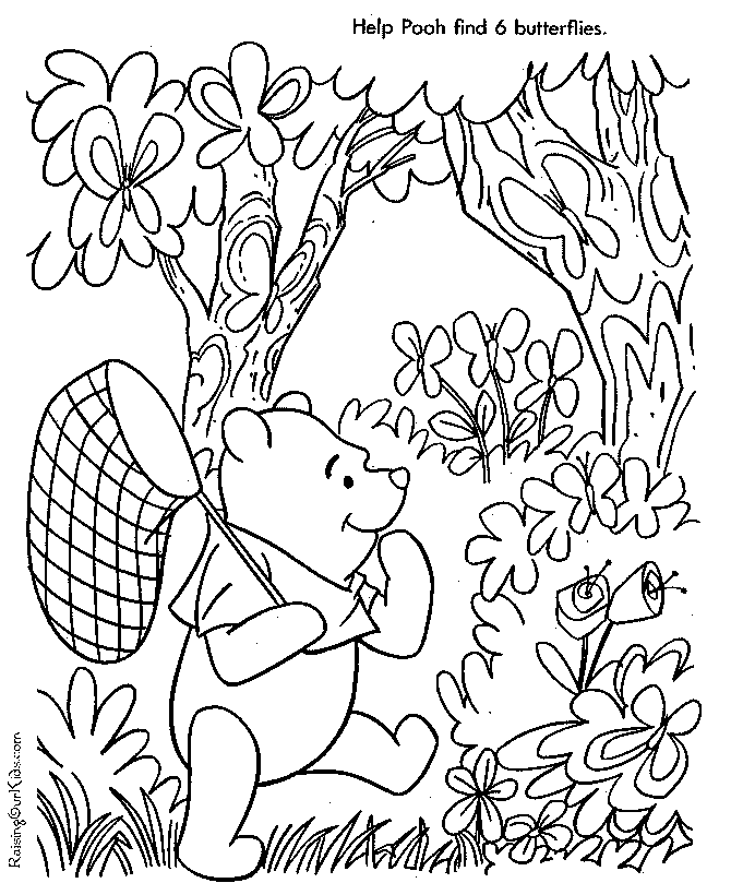 Winnie the Pooh coloring page with butterflies