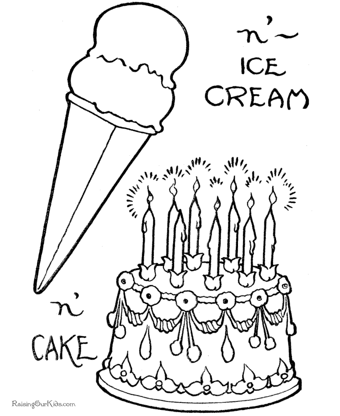 birthday coloring page of a cake and ice cream