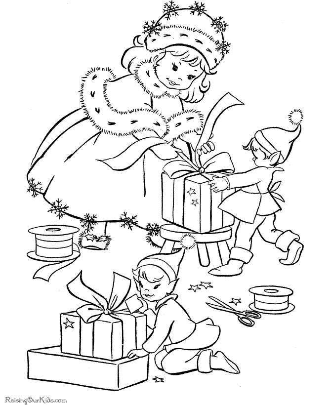 Elves working coloring page