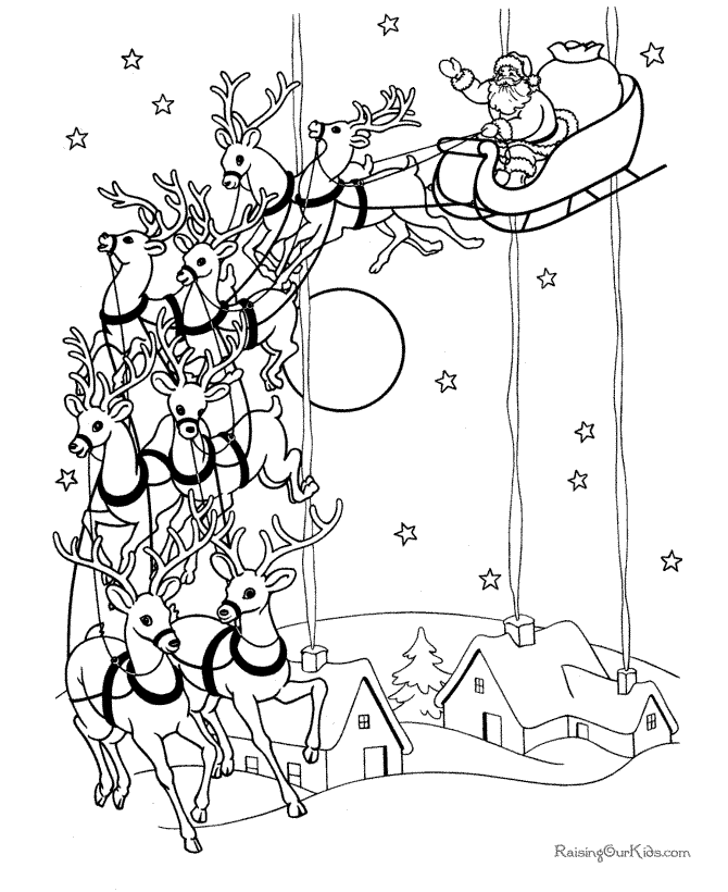 Reindeer, Sleigh and Santa coloring page