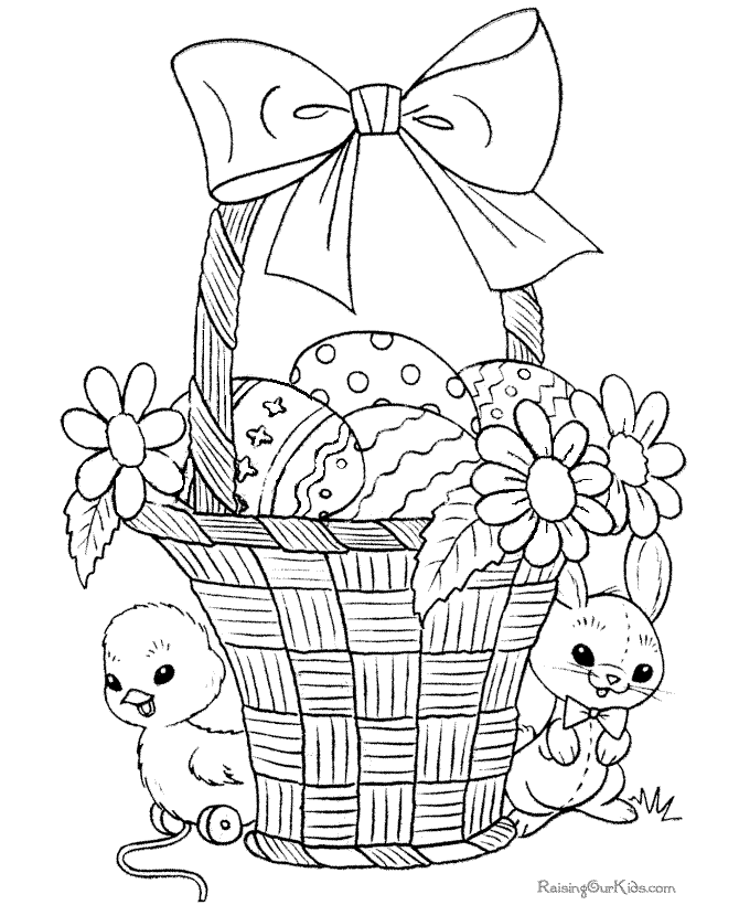 Easter Basket coloring page with Easter bunny, eggs and duck