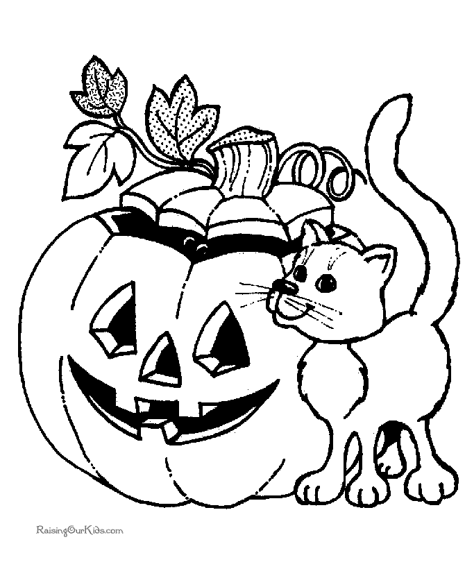 Cat and Jack O' Lantern coloring page