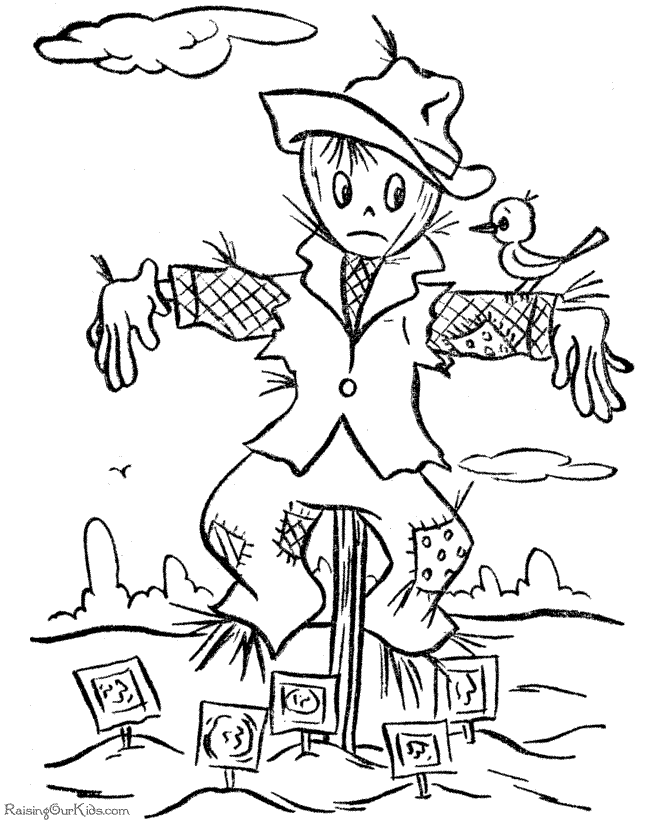 halloween scarecrow coloring page with bird