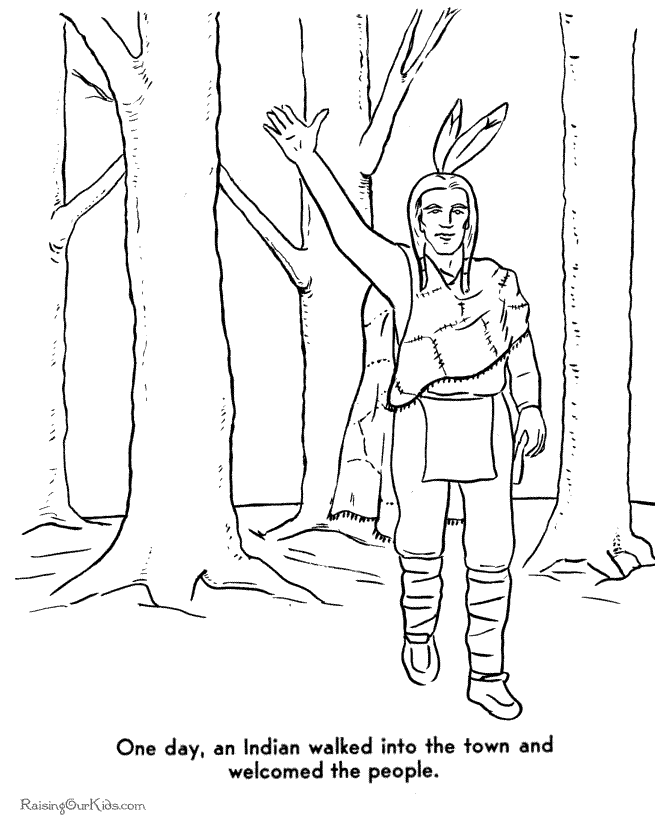 First Thanksgiving Coloring Page Indian meets Pilgrims