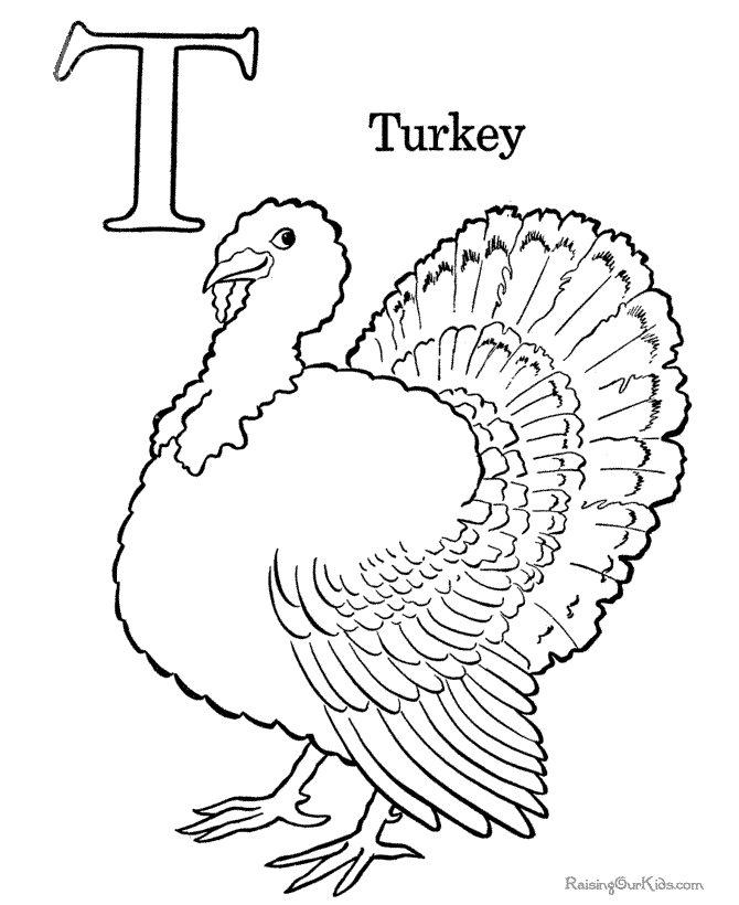 T is for Turkey preschool coloring page