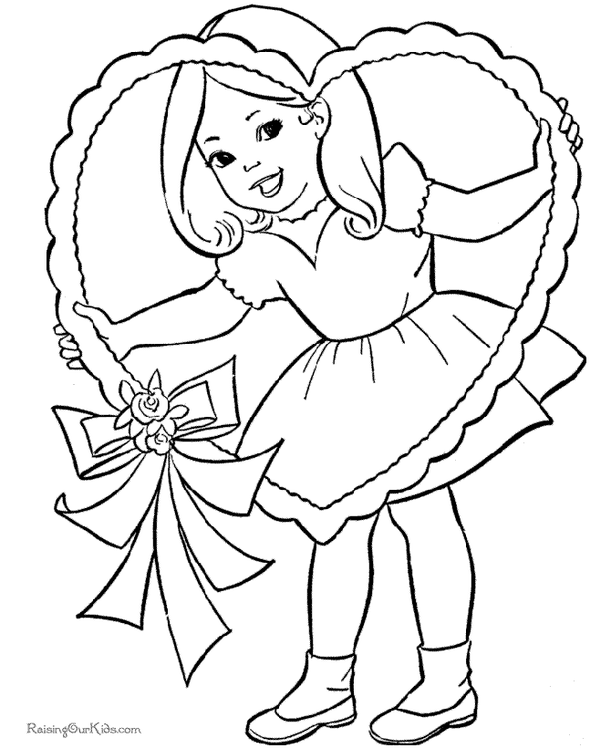 Girl and heart Valentine Gifts Coloring Page to print