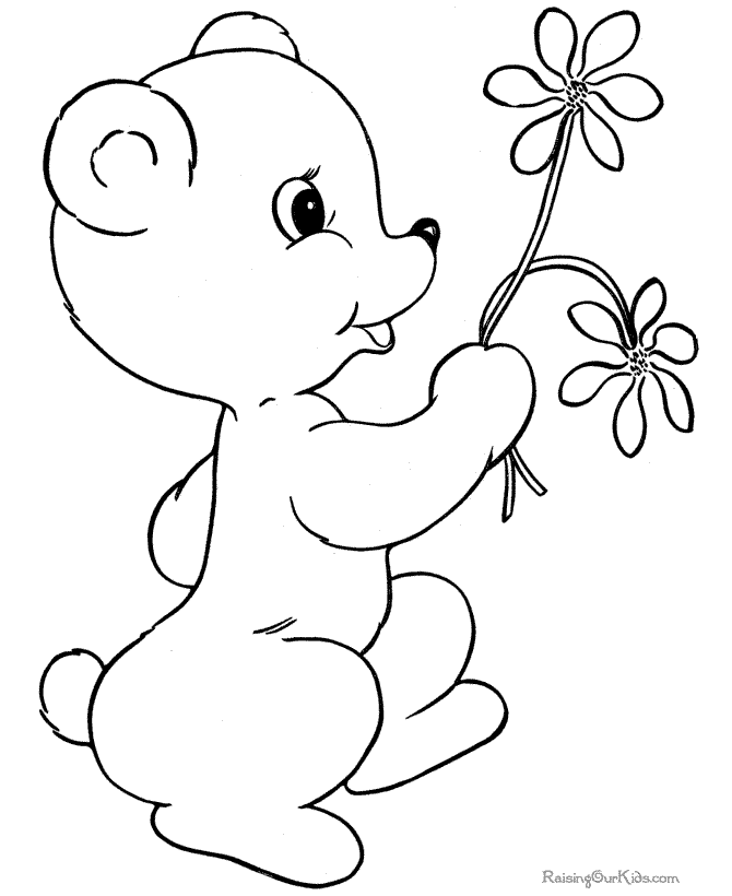 Valentine Gift Bear Flowers Coloring Page