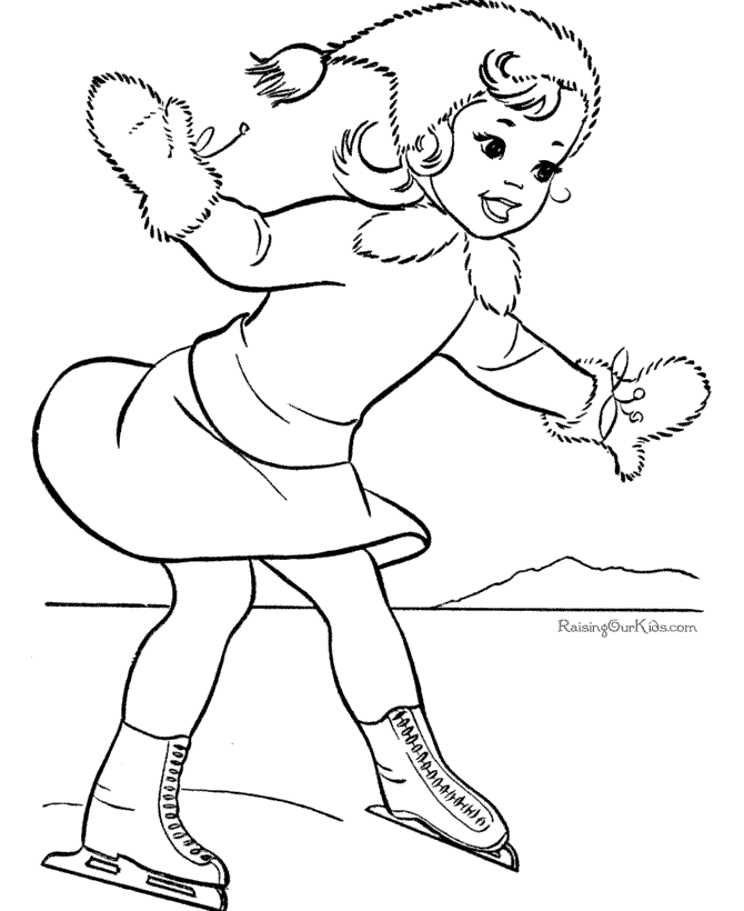 girl ice skating in winter coloring page