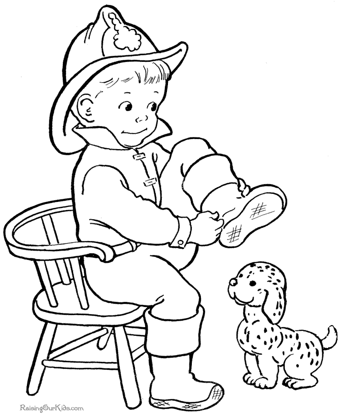 Boy fireman and dog kids coloring page