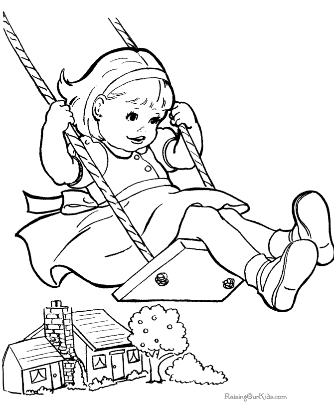 kids coloring page girl in swing