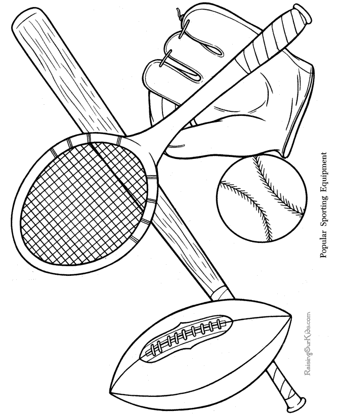 Baseball, football, bat and glove coloring page