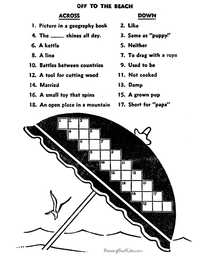 Beach crossword puzzle worksheet